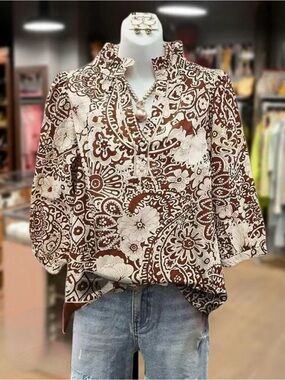 Cherry Betty Brown Floral Paisley Tunic Top - Casual Women's V-Neck size L